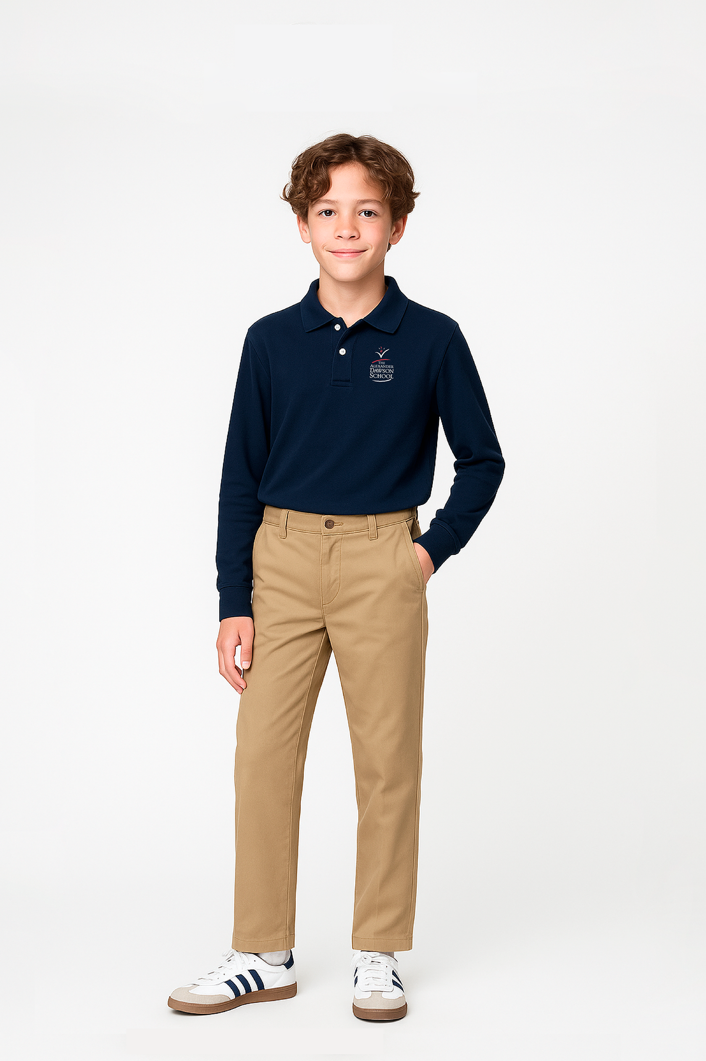 Boys/Unisex Classic Fit Navy Long Sleeve Pique Polo