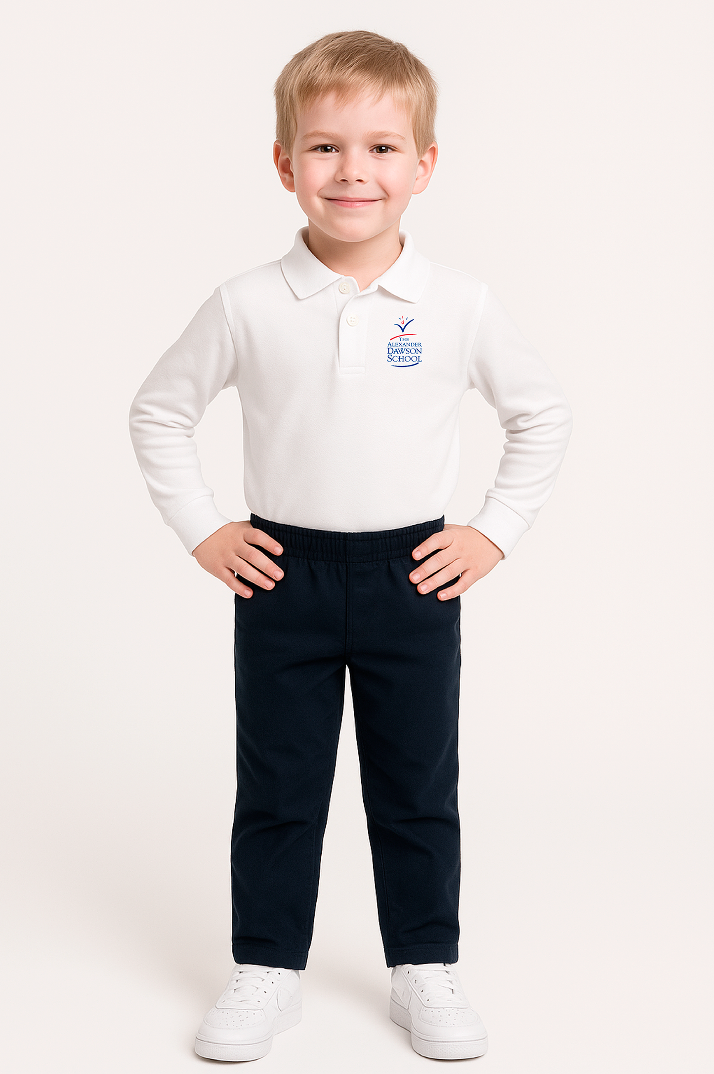 Boys/Unisex Classic Fit White Long Sleeve Pique Polo