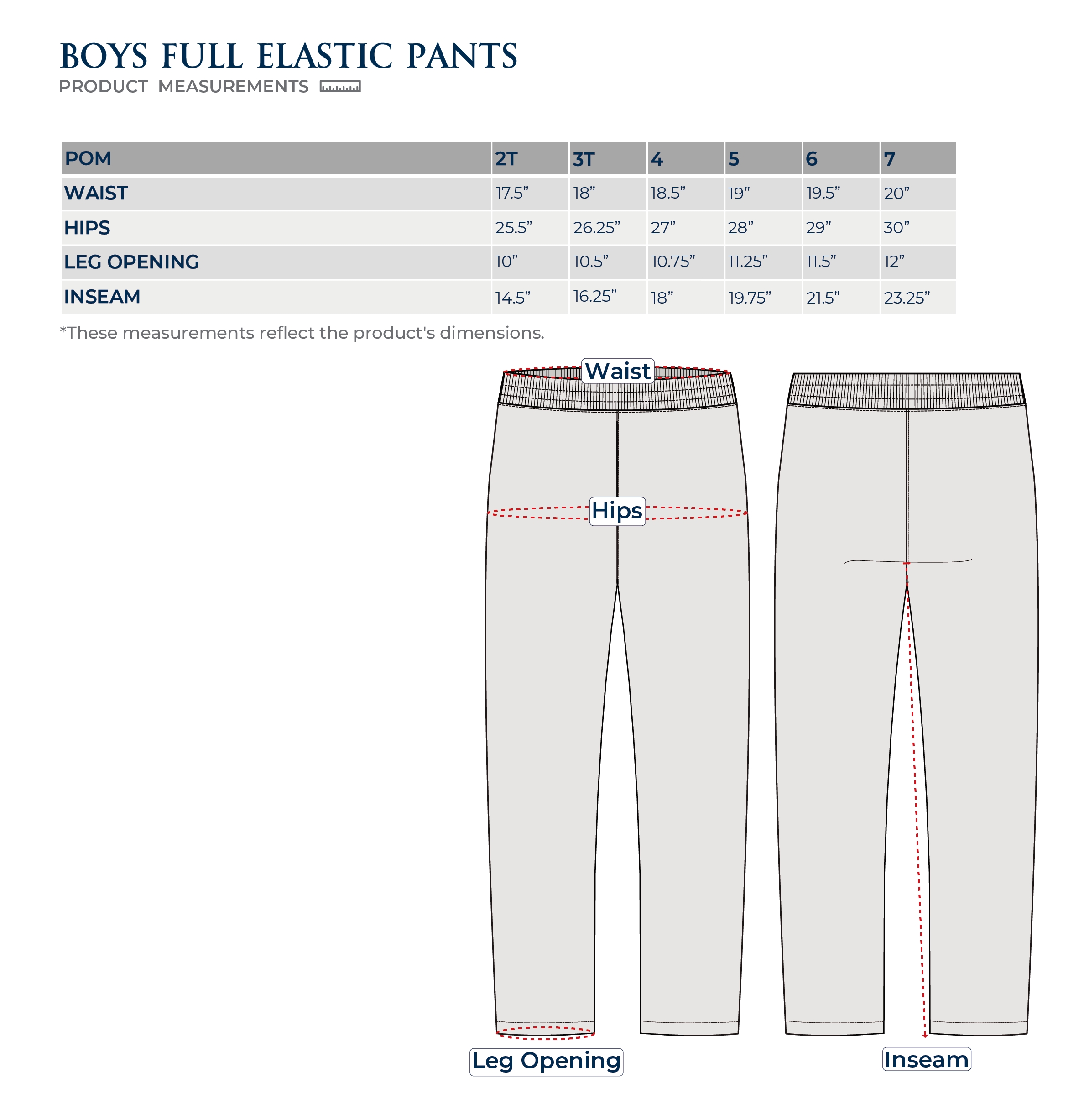 Size Chart Boys Elastic Pants