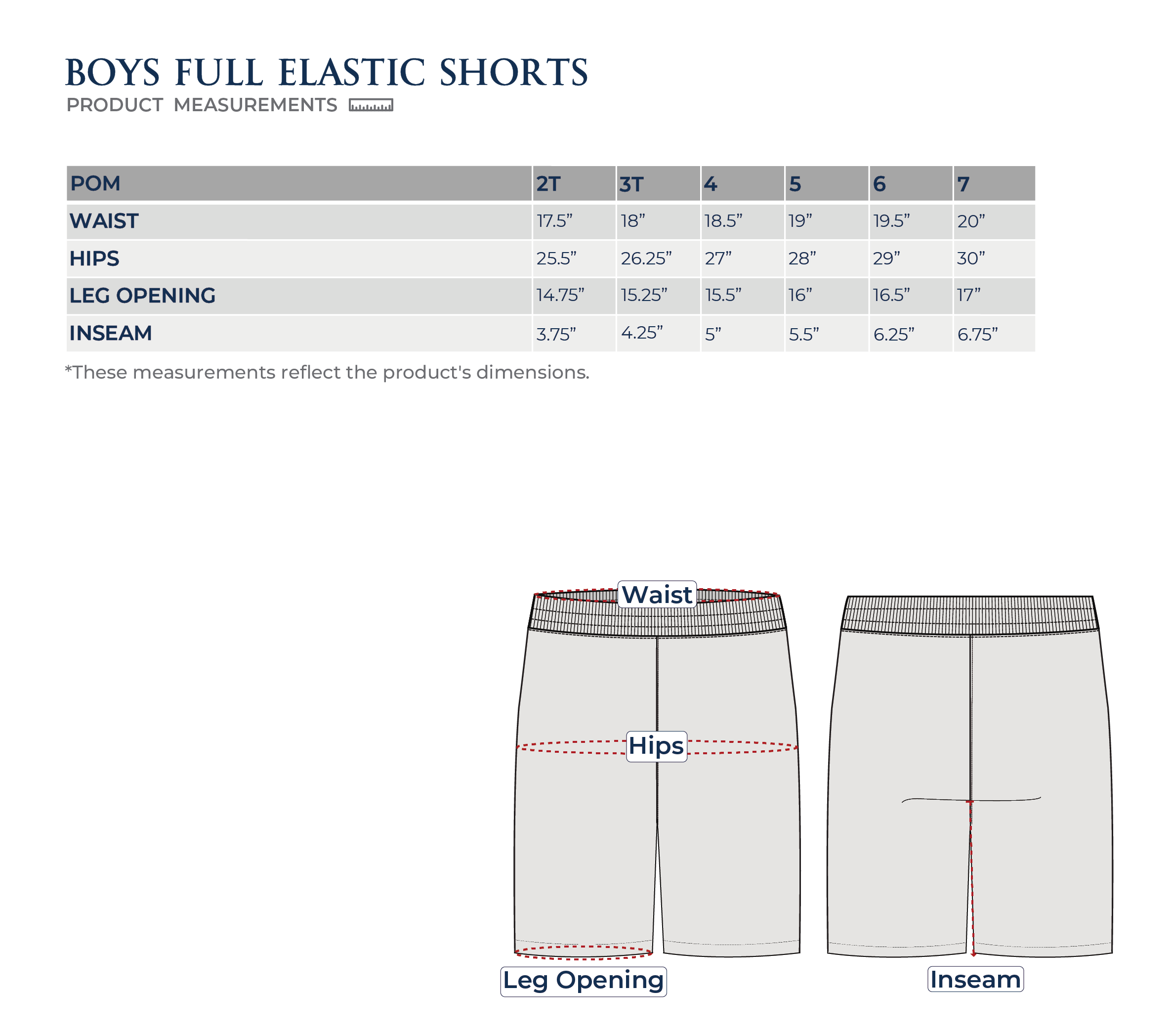 Size Chart Boys Elastic Shorts