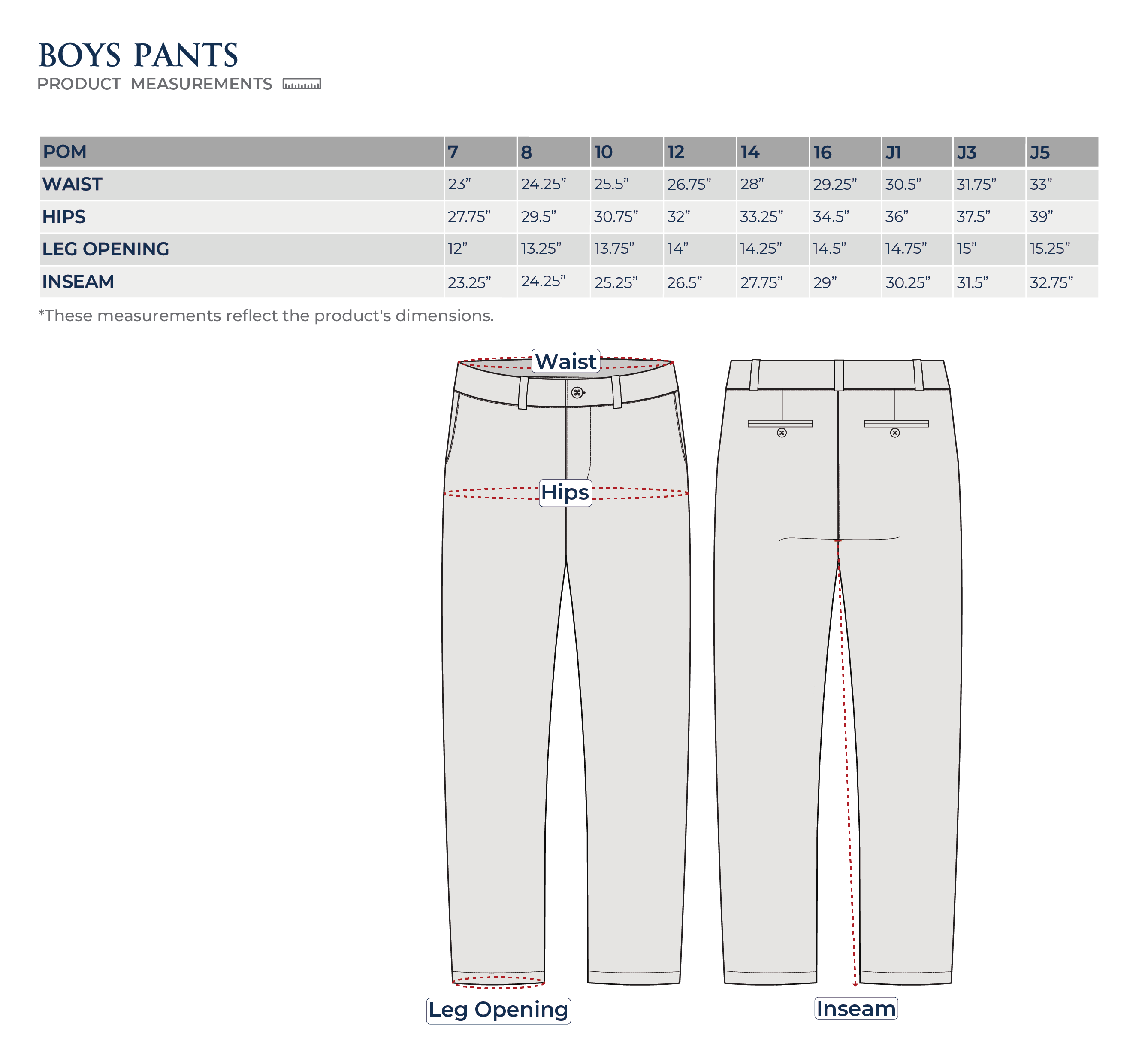 Size Chart Boys Pants
