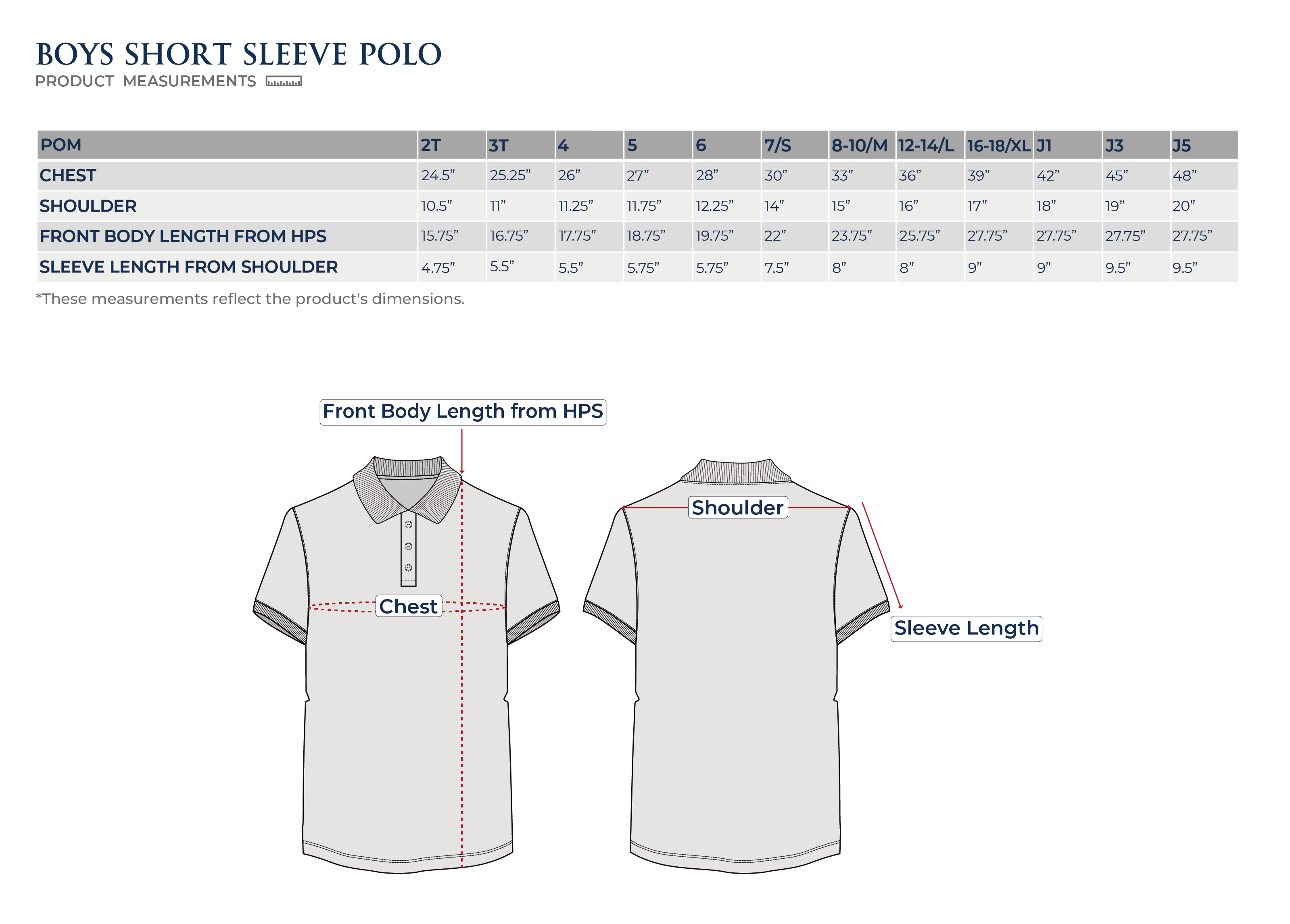Size Chart Boys Short Sleeve Polo