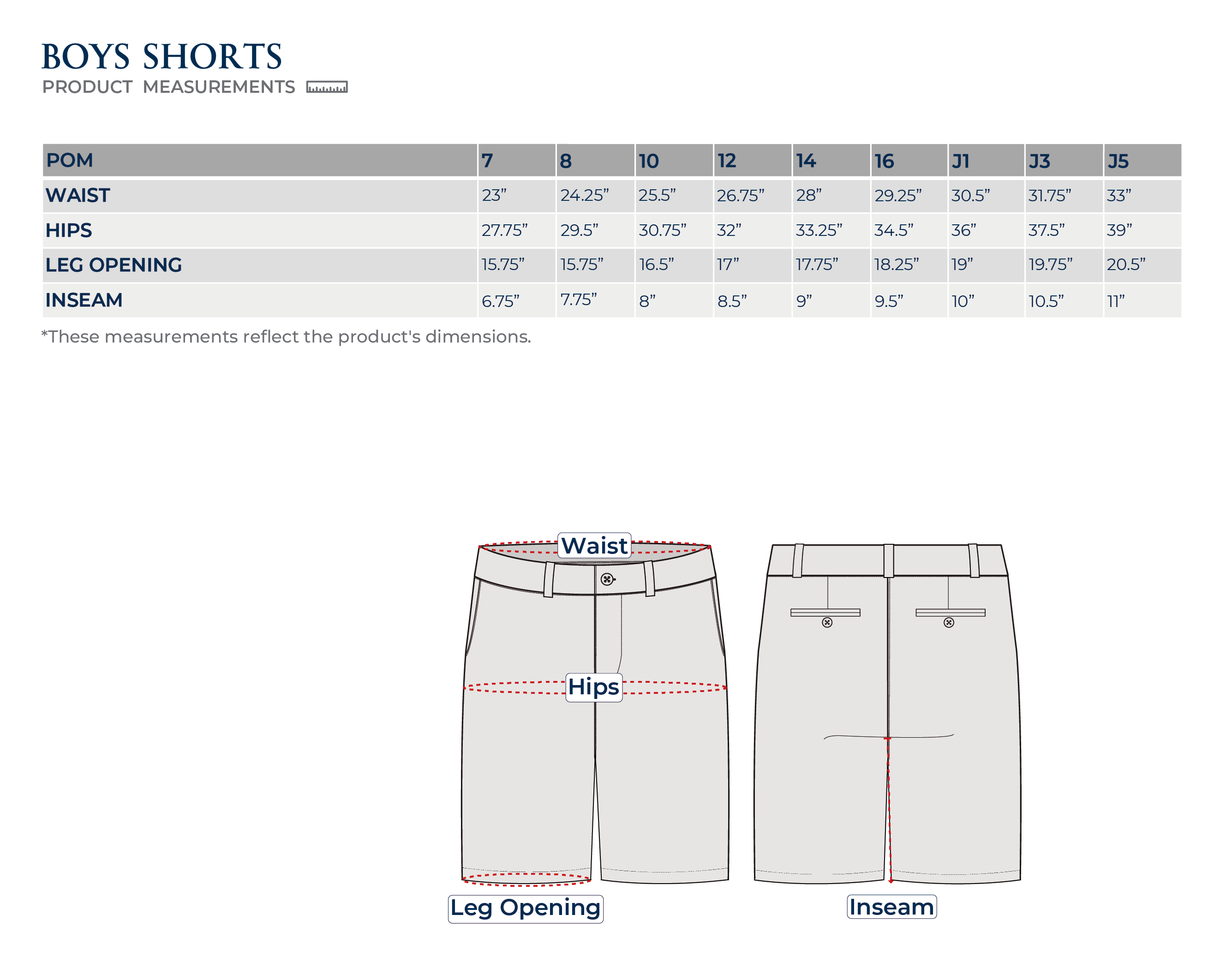 Size Chart Boys Shorts