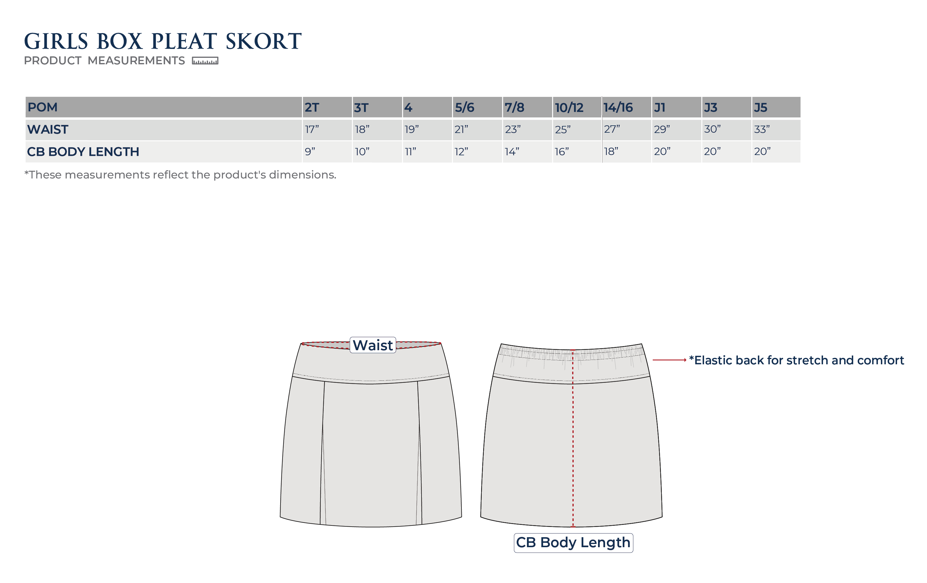 Size Chart Girls Box Pleat Skort
