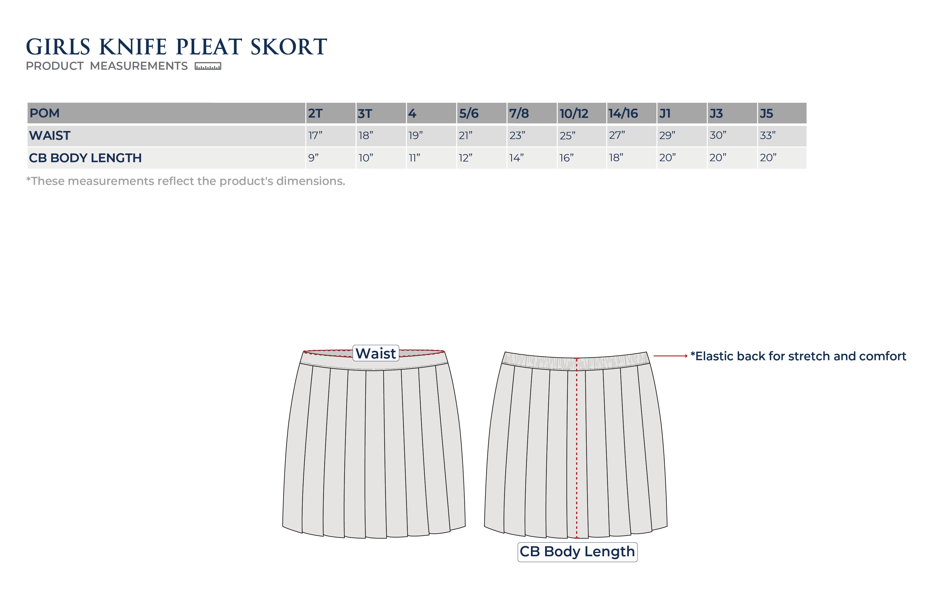 Size Chart Girls Knife Pleat Skort