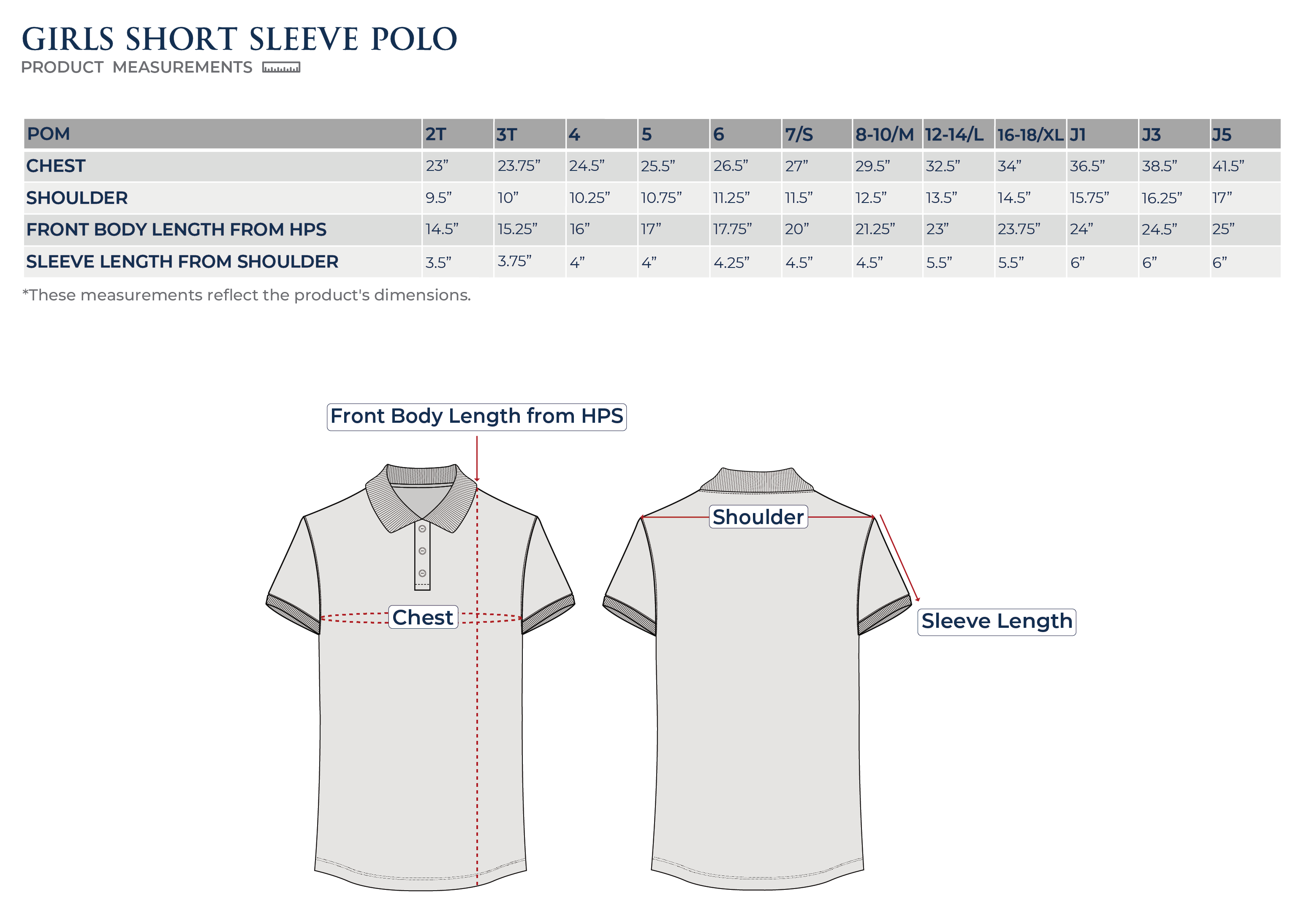 Size Chart Girls Short Sleeve Polo