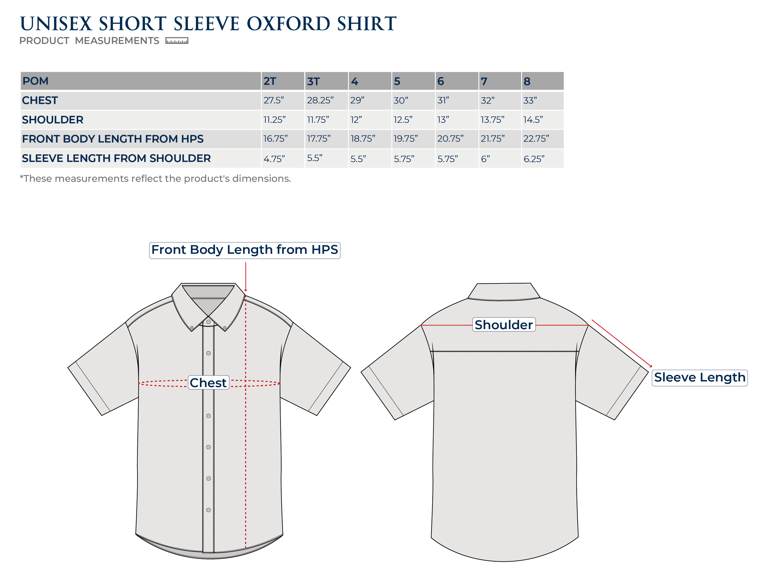 Size Chart Unisex Short Sleeve Oxford