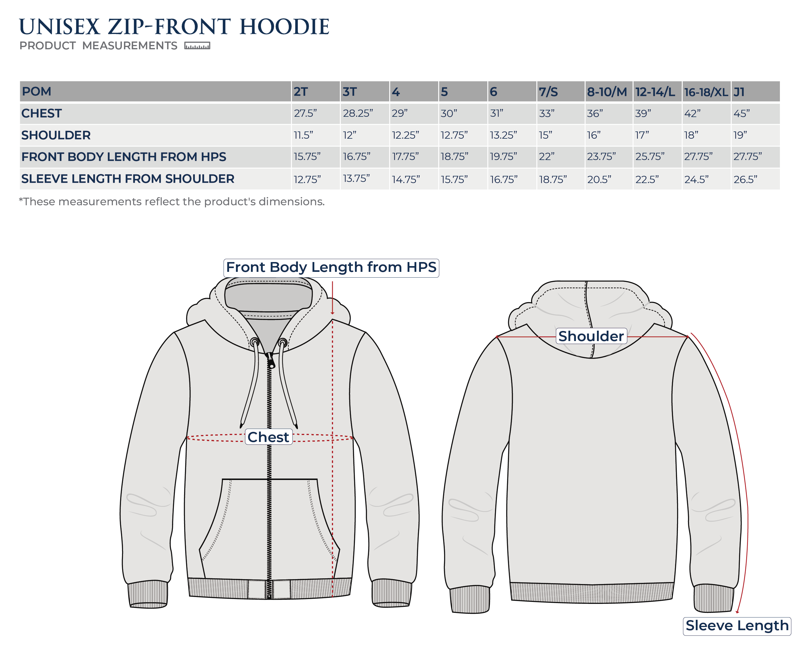 Size Chart Unisex Zip Front Hoodie